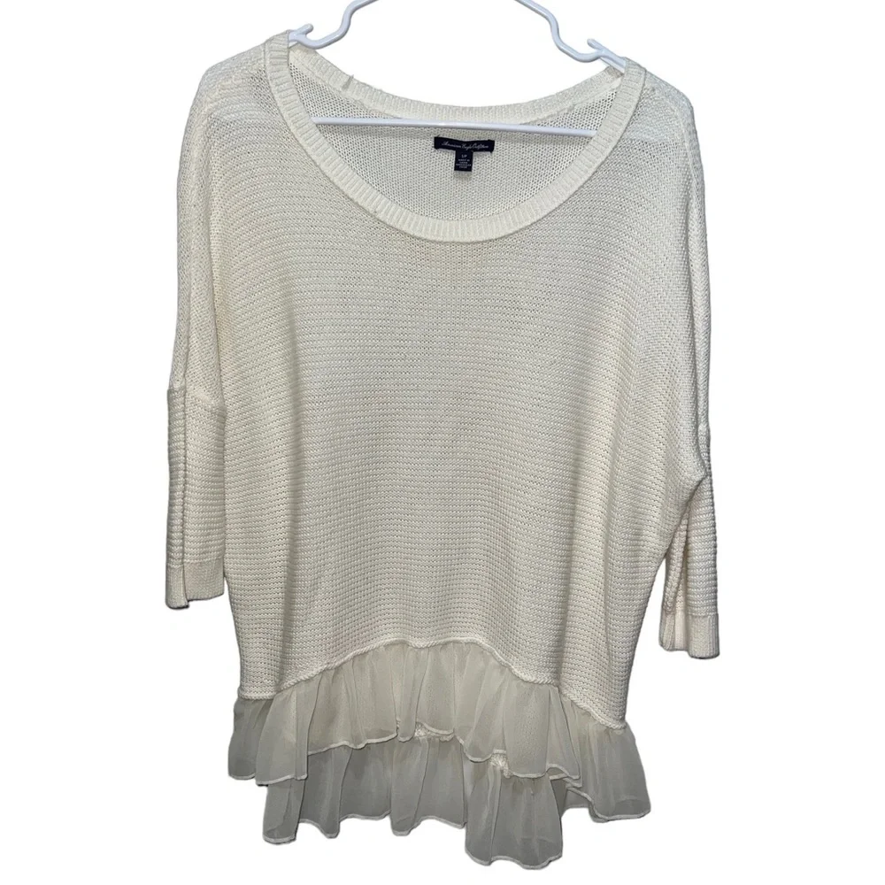 American Eagle Outfitters Ivory Loose-Knit Chiffon Ruffle Pullover Sweater - Picture 1 of 4
